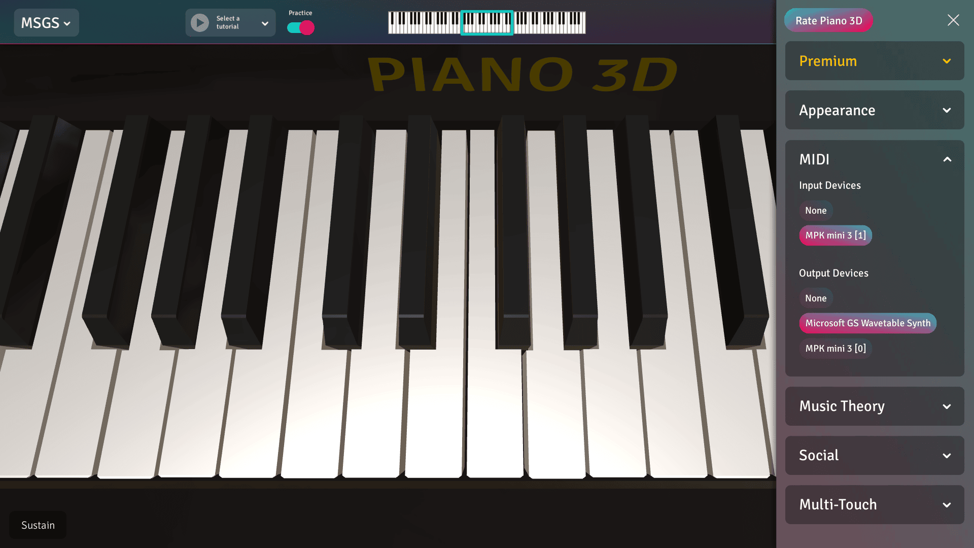 midi menu in Piano 3D allows to select midi in and midi out devices